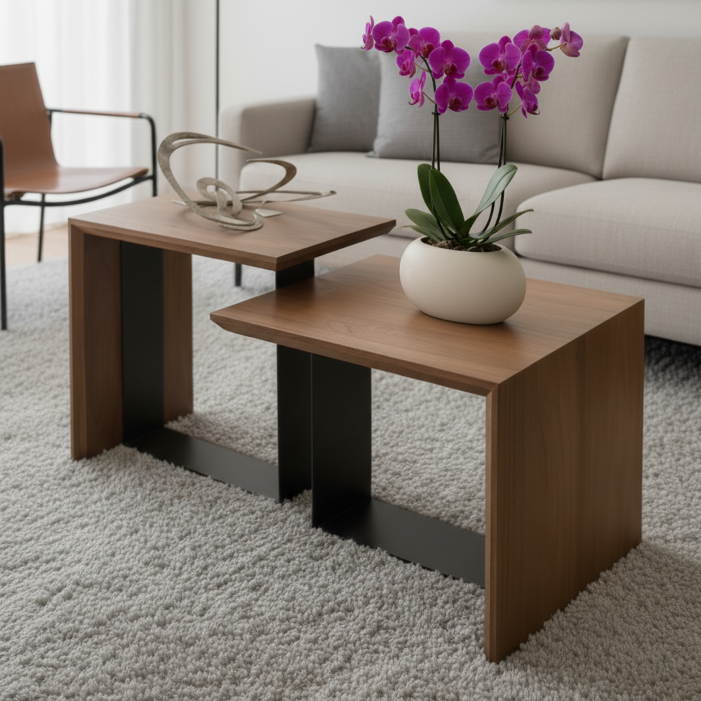 Mesa de centro Lyra de madera con estructura metálica NUMI, diseño contemporáneo