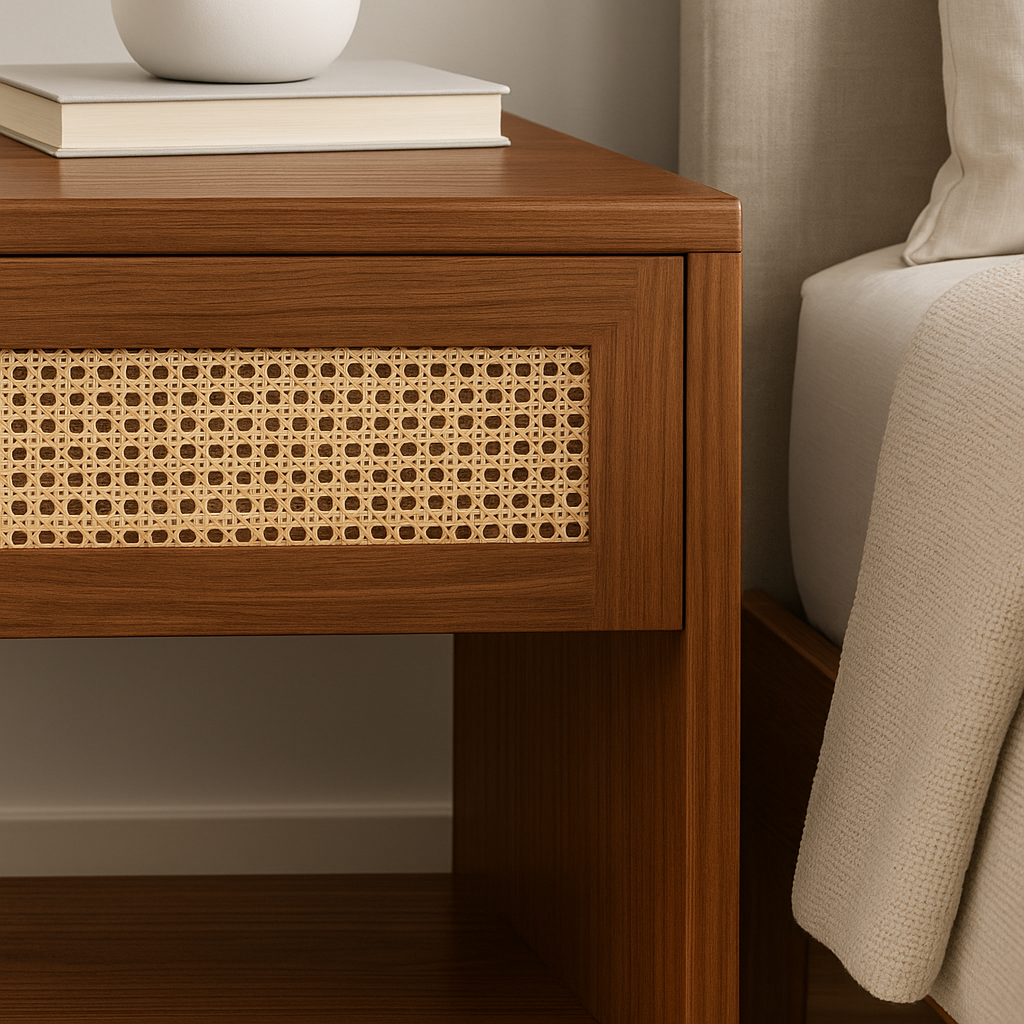 Detalle del diseño y material del mueble Mesa de noche Yume NUMI para dormitorio
