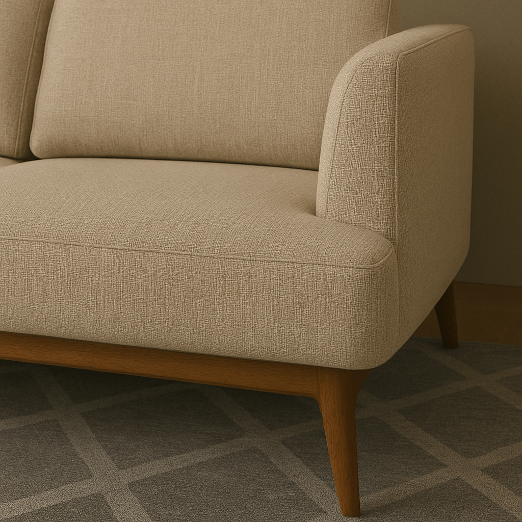 Detalle del Sofá Daria con tapizado en tela europea y acabado de alta calidad