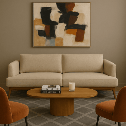 Sofá Daria con estructura de madera y tapizado en tela europea en sala contemporánea