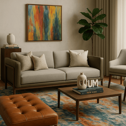 Sofá Esmeralda de 3 cuerpos con detalles en cuero verde oliva en sala contemporánea